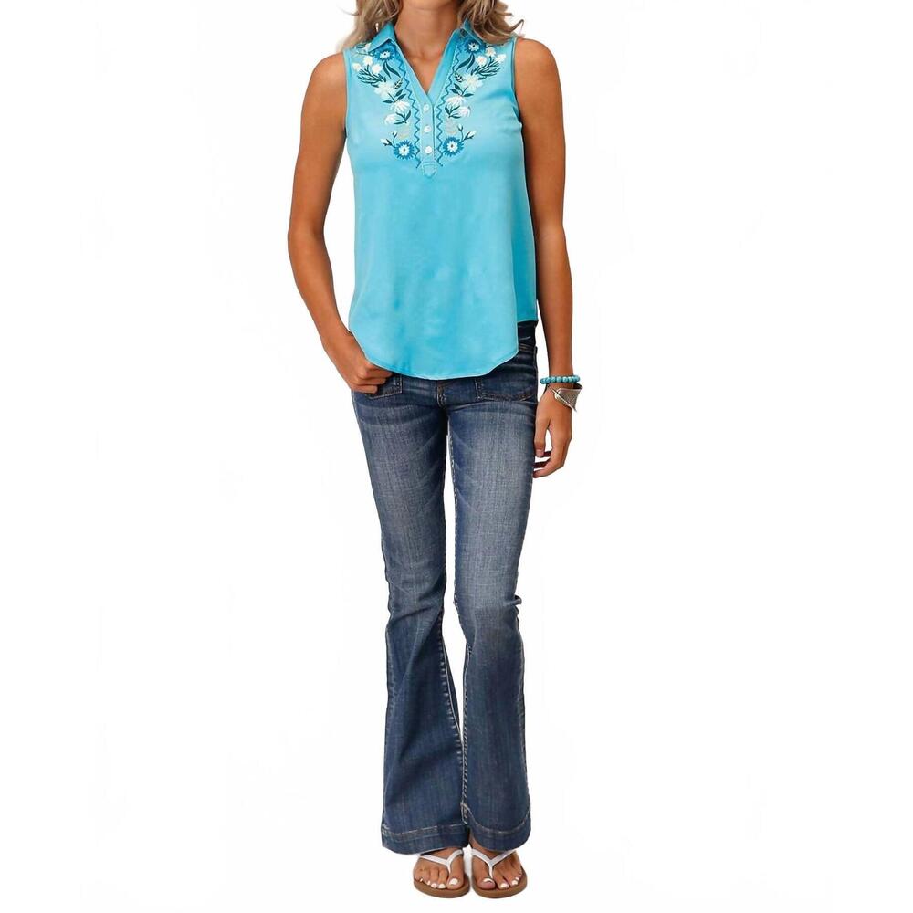 NEW ROPER poly crepe sleeveless blouse with embroidery tank in turquoise